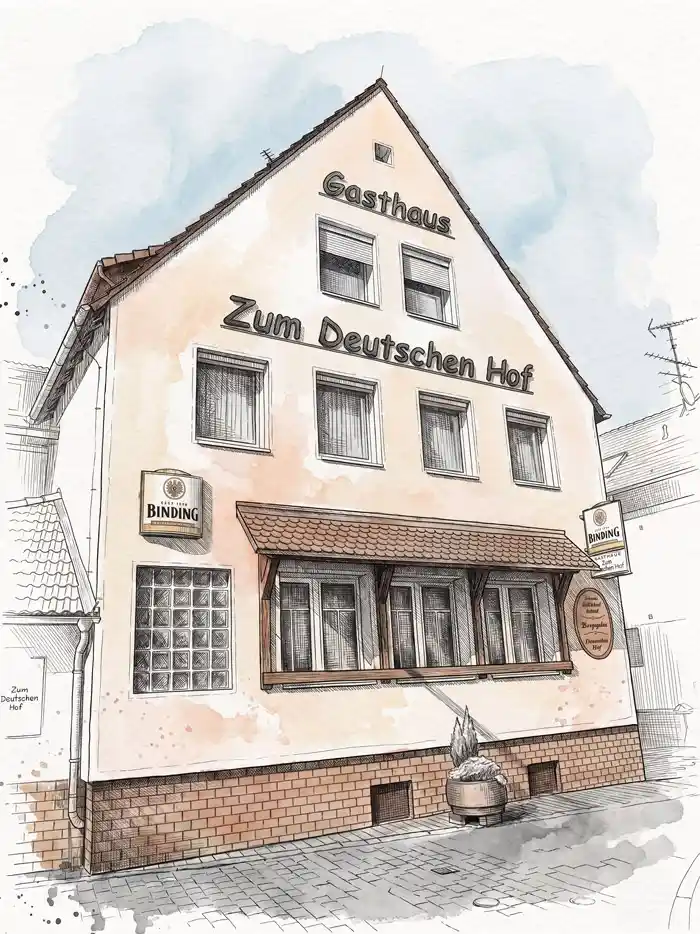 Eine Illustration im Aquarellstil, die ein beiges, zweistöckiges Gebäude mit der Aufschrift „Gasthaus Zum Deutschen Hof“ an der Fassade zeigt, mit Fenstern mit Vorhängen, Pension-Schildern und mehreren Details der Marke „Binding“ im Herzen des Landkreises Main-Kinzig.